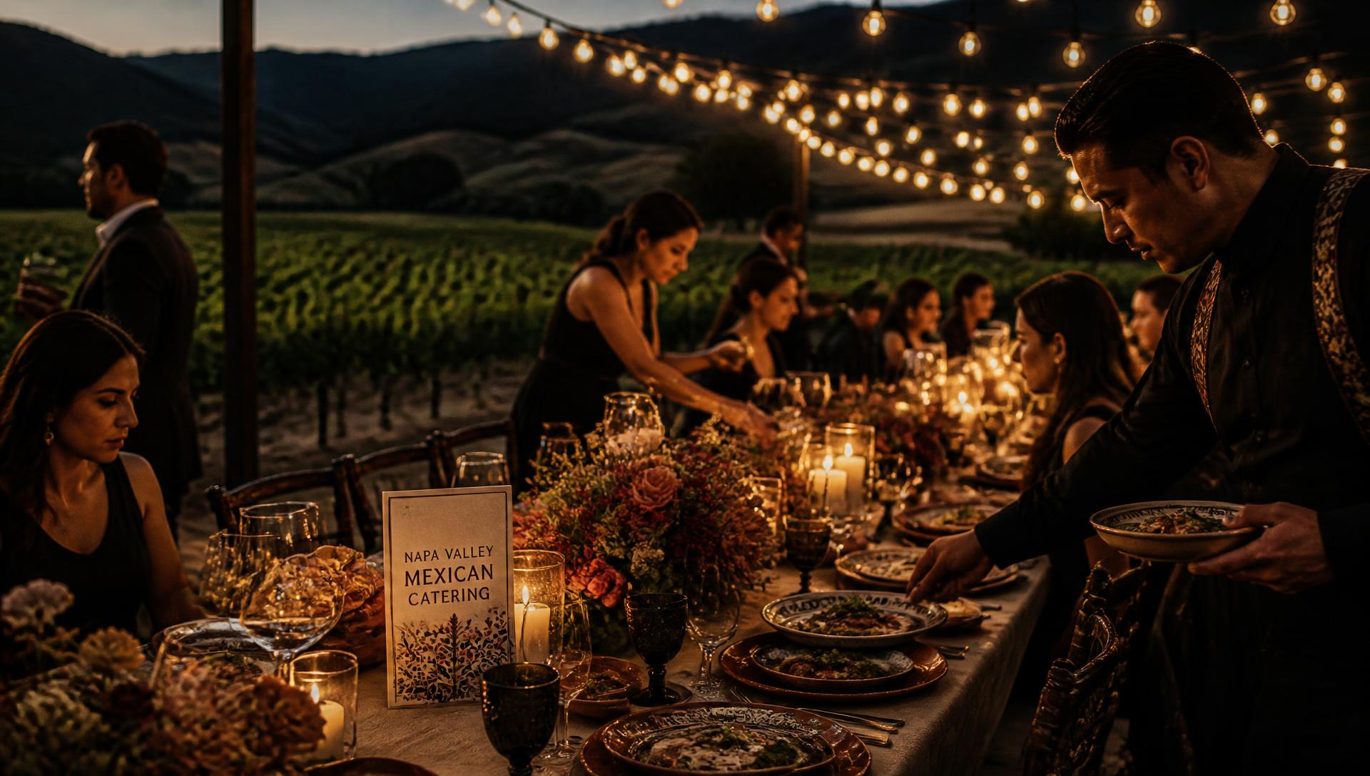 Elegant Mexican catering dinner under string lights in a Napa Valley vineyard